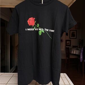 Phora Black Graphic T-Shirt with Red Rose Design “I need you all the time”